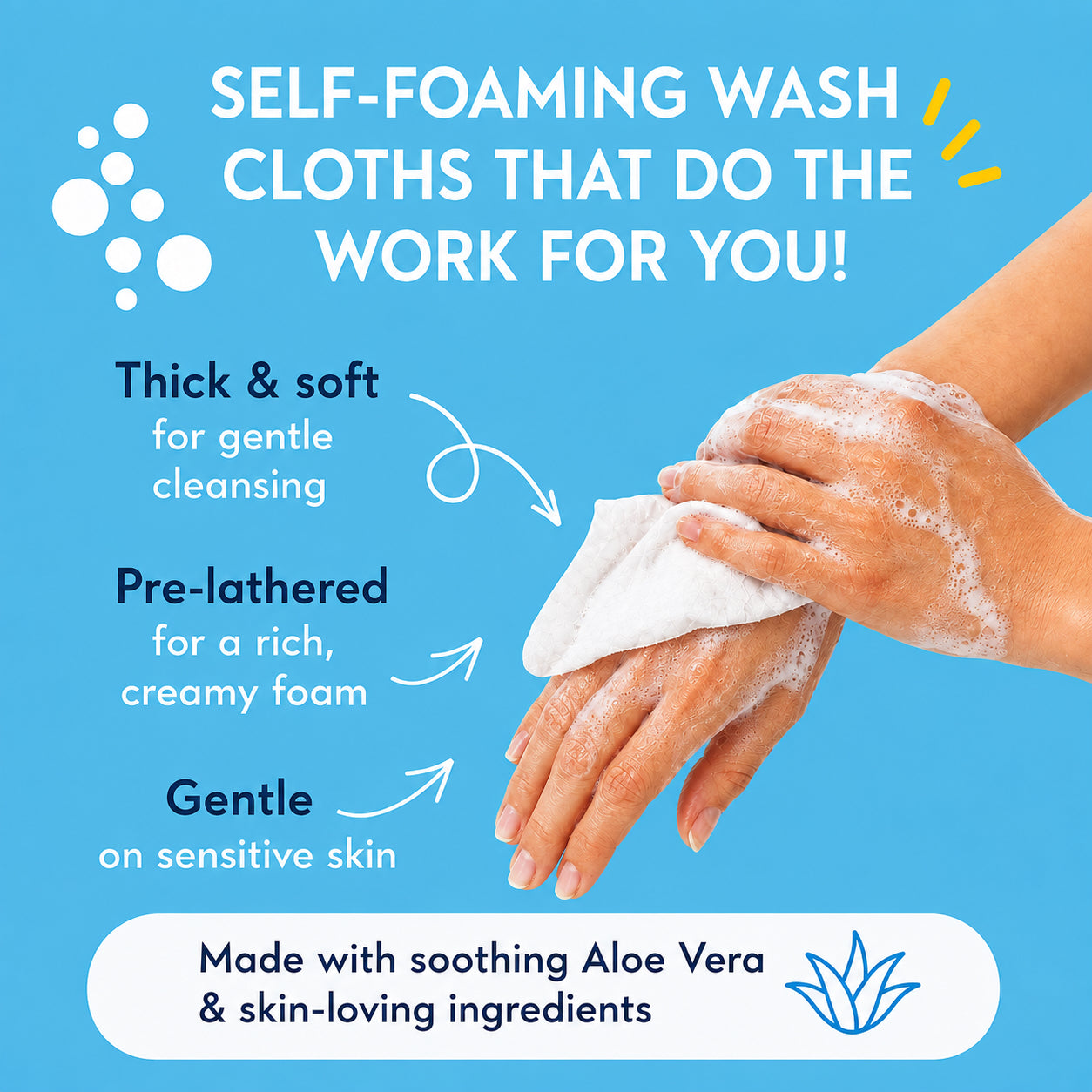 Infographic showing Top N Tail wash cloths lathered into a rich foam on hands, highlighting the thick, soft, pre-lathered formula gentle on sensitive skin, made with soothing aloe vera